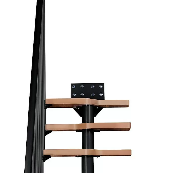 Atrium Raumspartreppe Mini Vertical - Farbton Metall: RAL 9005, Breite: 60 cm, Buche, Geschosshöhe: 222 cm - 300 cm - Detail einer Wendeltreppe mit schwarzem Metallgestell und hellbraunen Holzstufen.