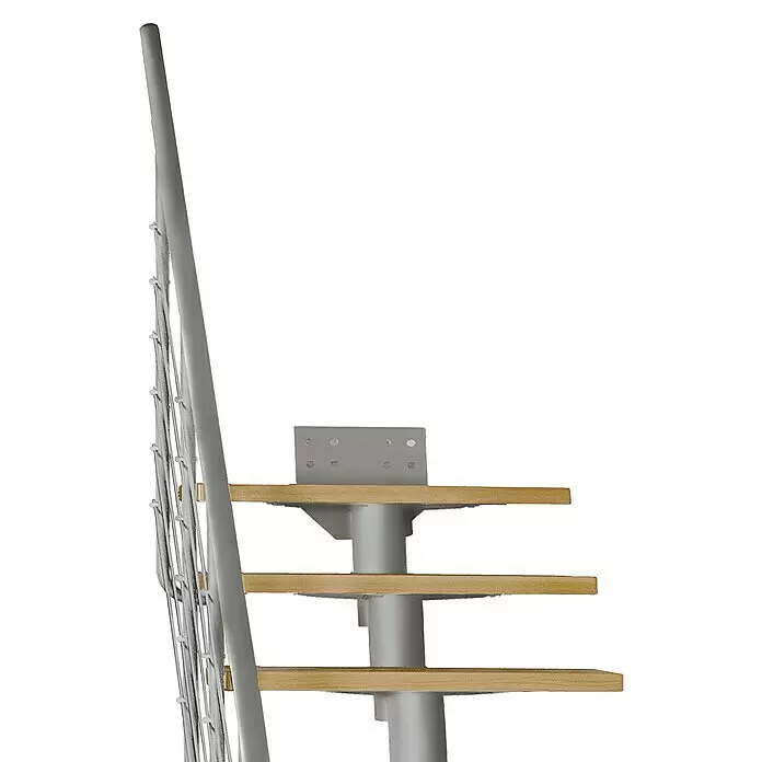 Atrium Mittelholmtreppe Dixi Plus - Farbton Metall: RAL 9006, Breite: 70 mm, Buche, 1/4-gewendelt, Geschosshöhe: 222 cm - 300 cm - Teilausschnitt einer modularen Wendeltreppe mit hellen Holzstufen und grauem Metallpfosten und Geländer.