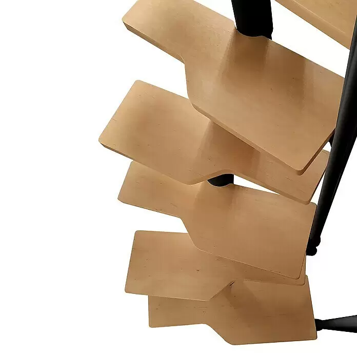 Atrium Raumspartreppe Mini - Farbton Metall: RAL 9005, Breite: 60 cm, Buche, Geschosshöhe: 222 cm - 300 cm - Helle Holzstufen einer Wendeltreppe, getragen von einer schwarzen Mittelstange.