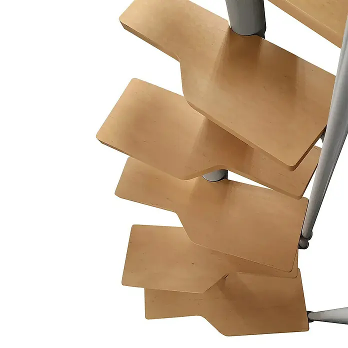 Atrium Raumspartreppe Mini - Farbton Metall: RAL 9006, Breite: 60 cm, Buche, Geschosshöhe: 222 cm - 300 cm - Helle Holztreppe mit Metallgeländer. Die Treppe ist spiralförmig und hat eine moderne Optik.