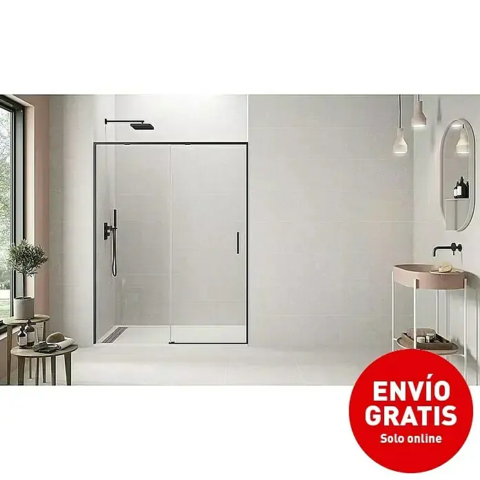 GME Mampara de ducha frontal Twenty - 160 x 195 cm, Espesor de vidrio: 6 mm, Negro - Baño moderno con ducha a ras de suelo, mueble de lavabo y ambiente relajante, ideal para desconectar.