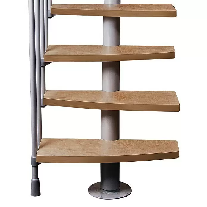 Atrium Raumspartreppe Mini Plus Vertical - Farbton Metall: RAL 9006, Breite: 60 cm, Buche, Geschosshöhe: 222 cm - 300 cm - Modulare Wendeltreppe mit hellen Holzstufen und grauem Mittelpfosten.