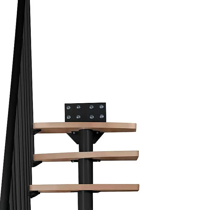 Atrium Raumspartreppe Mini Plus Vertical - Farbton Metall: RAL 9005, Breite: 60 cm, Buche, Geschosshöhe: 222 cm - 300 cm - Teil einer Spindeltreppe oder eines Regals mit schwarzer Mittelstange und hellbraunen Stufen/Ablagen.