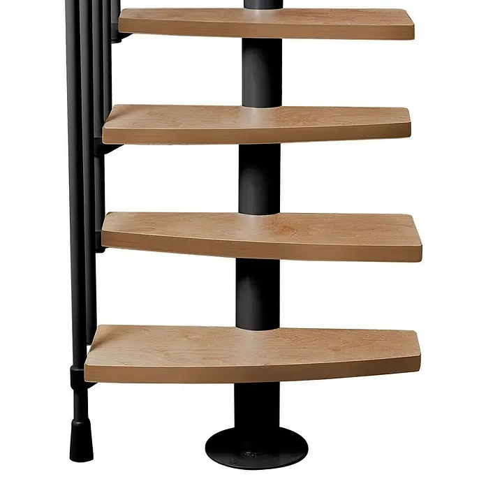 Atrium Raumspartreppe Mini Plus Vertical - Farbton Metall: RAL 9005, Breite: 60 cm, Buche, Geschosshöhe: 222 cm - 300 cm - Eine elegante Wendeltreppe mit Holzstufen und einem schwarzen Mittelpfosten, ideal für moderne Innenräume.