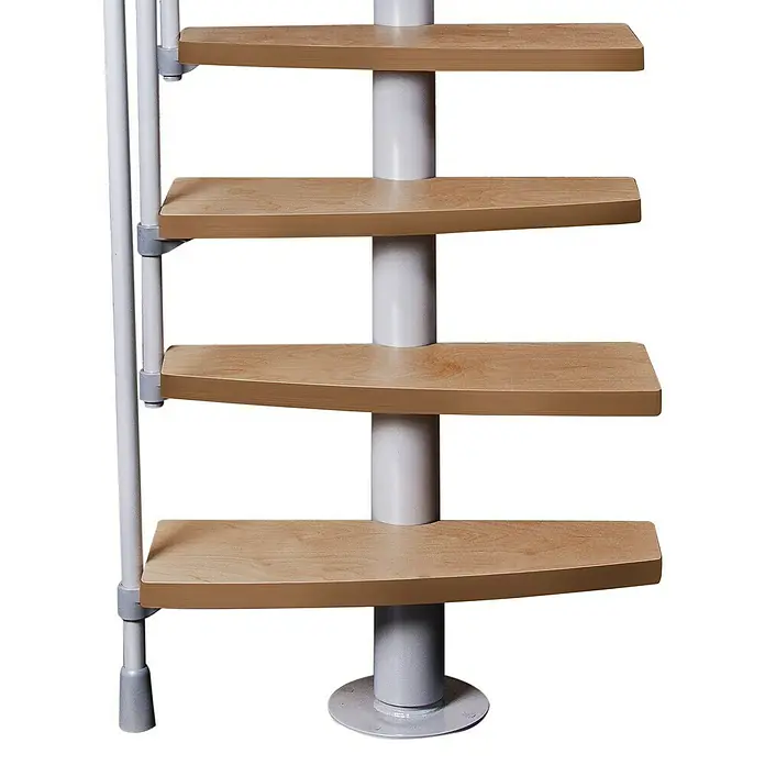 Atrium Raumspartreppe Mini Plus - Farbton Metall: RAL 9006, Breite: 60 cm, Buche, Geschosshöhe: 222 cm - 300 cm - Wendeltreppe mit Holzstufen. Die Treppe ist ideal für kleine Räume und bietet eine platzsparende Lösung.