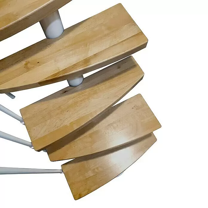 Atrium Raumspartreppe Mini Plus Vertical - Farbton Metall: RAL 9006, Breite: 60 cm, Buche, Geschosshöhe: 222 cm - 300 cm - Wendeltreppe mit hellen Holzstufen und weißen Stützstangen.