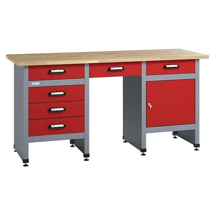 Küpper Werkbank - L x B: 60 x 170 cm, Arbeitshöhe: 84 cm, Belastbarkeit: 300 kg, Anzahl Schubladen: 6 Stk., Rot/Silbergrau - Werkbank mit Schubladen und Schrank, ideal für Werkstätten. Robuste Konstruktion mit Holzplatte und Stahlrahmen.