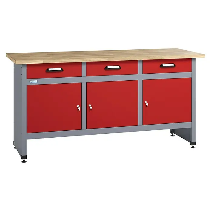 Küpper Werkbank - L x B: 60 x 170 cm, Arbeitshöhe: 84 cm, Belastbarkeit: 300 kg, Rot/Silbergrau - Werkbank mit drei Schubladen und abschließbaren Schränken in Rot und Grau mit einer hellen Holzplatte für Werkstattarbeiten.