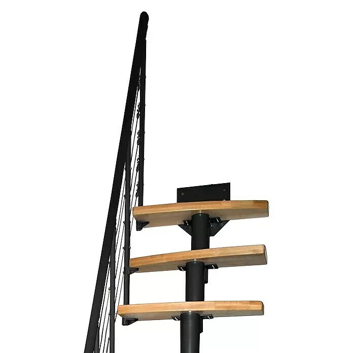 Atrium Raumspartreppe Mini Plus Linco - Farbton Metall: RAL 9005, Breite: 60 cm, Buche, Geschosshöhe: 222 cm - 300 cm - Platzsparende Wendeltreppe mit hellen Holzstufen und schwarzem Metallgeländer sowie Mittelstütze.