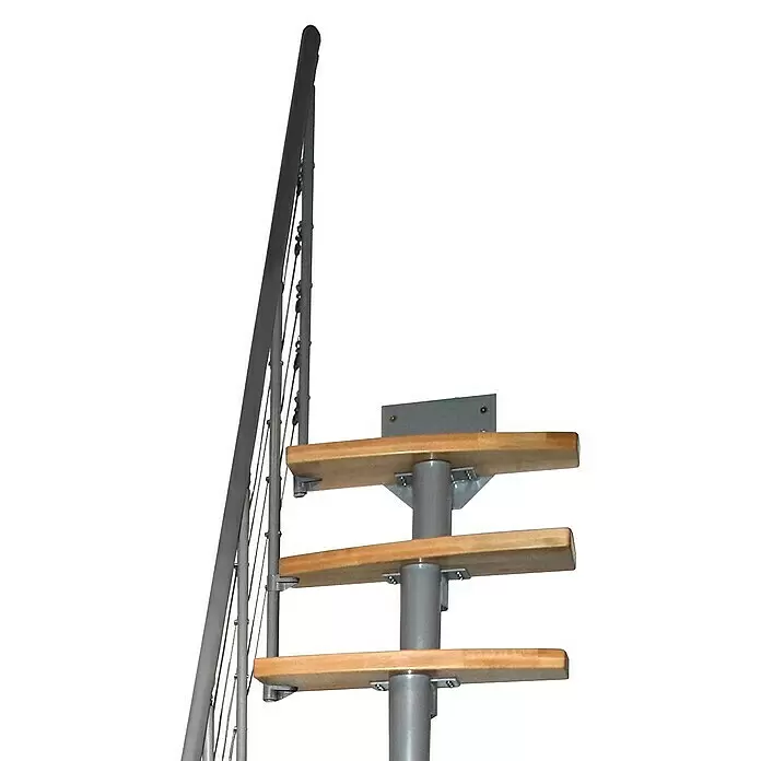 Atrium Raumspartreppe Mini Plus Linco - Farbton Metall: RAL 9006, Breite: 60 cm, Buche, Geschosshöhe: 222 cm - 300 cm - Moderne Spindeltreppe mit hellen Holzstufen, grauem Metallpfosten und schlankem Metallgeländer.