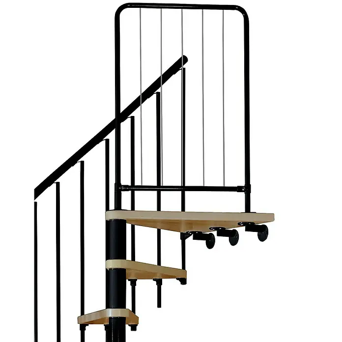 Atrium Spindeltreppe Novo - Farbton Metall: RAL 9005, Durchmesser: 160 cm, Buche, Geschosshöhe: 271,4 cm - 313,5 cm - Detailaufnahme einer Wendeltreppe mit Metallgeländer und Holzstufen, die ein modernes und platzsparendes Design zeigt.