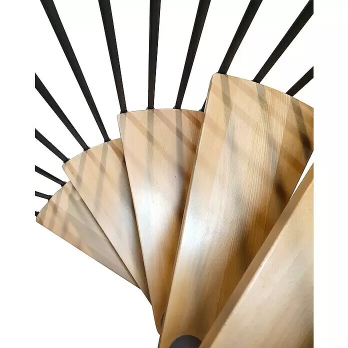 Atrium Spindeltreppe Novo - Farbton Metall: RAL 9005, Durchmesser: 160 cm, Buche, Geschosshöhe: 271,4 cm - 313,5 cm - Leichte Holz-Wendeltreppe mit schwarzen Metallgeländerstäben.