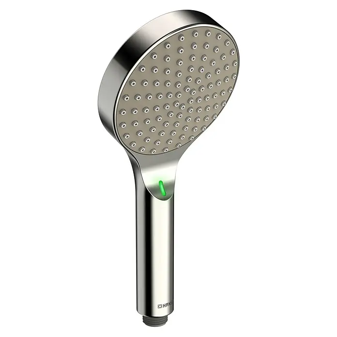 Handbrause - Anzahl Funktionen: 1 Stk., Durchmesser: 12 cm, Chrom/ Grau - Handbrause mit rundem Kopf und Chromoberfläche. Sie verfügt über mehrere Düsen und eine grüne Taste zur Strahlartenverstellung.