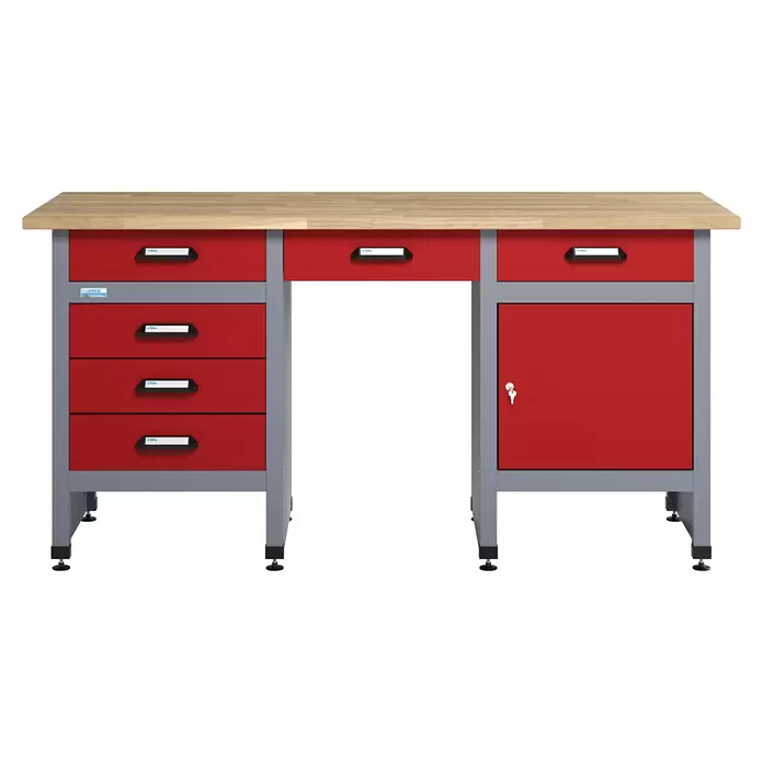 Küpper Werkbank - L x B: 60 x 170 cm, Arbeitshöhe: 84 cm, Belastbarkeit: 300 kg, Anzahl Schubladen: 6 Stk., Rot/Silbergrau
