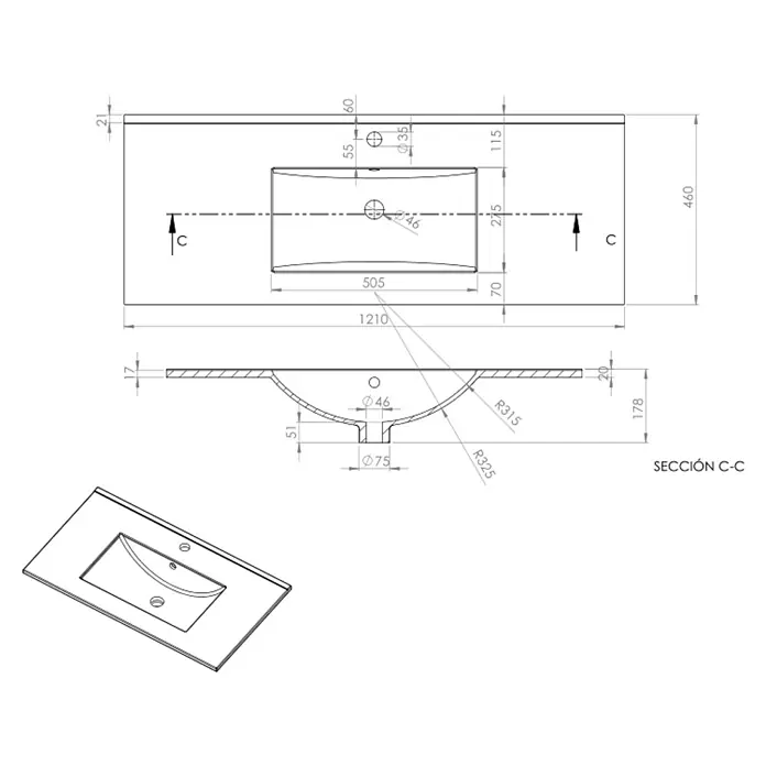Conjunto de mueble de baño Inglet - Ancho: 120 cm, Roble garriga, Número de cajones: 2 ud., 3 pzs. - Un dibujo técnico detallado de una encimera de lavabo con dimensiones, vistas y secciones para la planificación del baño.