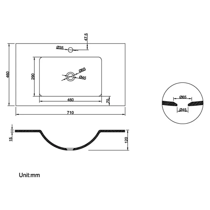 Conjunto de mueble de baño Claire - Verde Olivo, 3 pzs. - Dibujo técnico de un lavabo con dimensiones, vistas superior y en sección transversal, presentado de forma detallada y precisa.