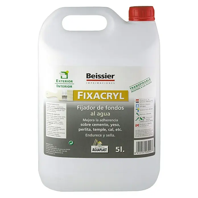 Beissier Fijadores Fixacryl - 5 l, Blanco - Bote blanco de 5 litros de imprimación Beissier FixAcryl, ideal para mejorar la adherencia en varias superficies.