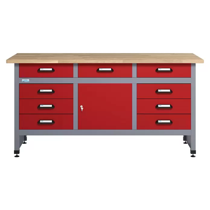Küpper Werkbank - L x B: 60 x 170 cm, Arbeitshöhe: 84 cm, Belastbarkeit: 300 kg, Rot/Silbergrau, Anzahl Schubladen: 9 Stk.