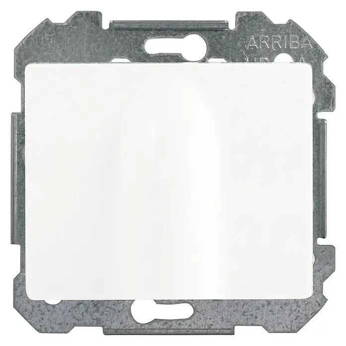 Siemens Delta Iris Tapa para mecanismo salida cables - Blanco, Plástico - Primer plano de una placa de interruptor ARRIBA blanca con marco plateado, ideal para interiores modernos.