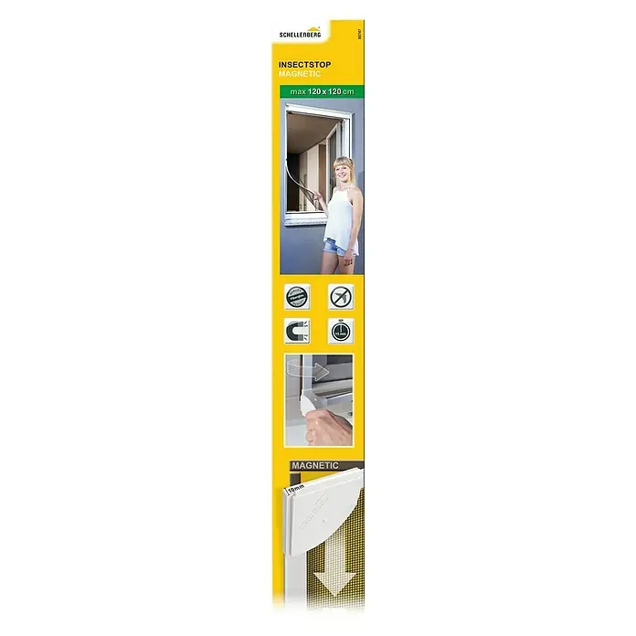 Schellenberg Insect Stop Mosquitera para ventana Magnetic - An x Al: 120 x 120 cm, Montaje de la mosquitera: Fijación magnética, Color bastidor: Blanco - Embalaje del producto para Schellenberg Insectstop Magnetic, una mosquitera magnética para ventanas de hasta máx. 120 x 120 cm, fácil de instalar.