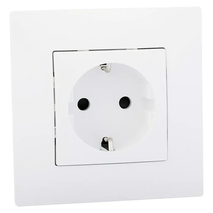 BJC Viva Enchufe - Blanco, Plástico, Colocar - Primer plano de un enchufe Schuko blanco con una cubierta cuadrada, combinando funcionalidad con un diseño moderno.