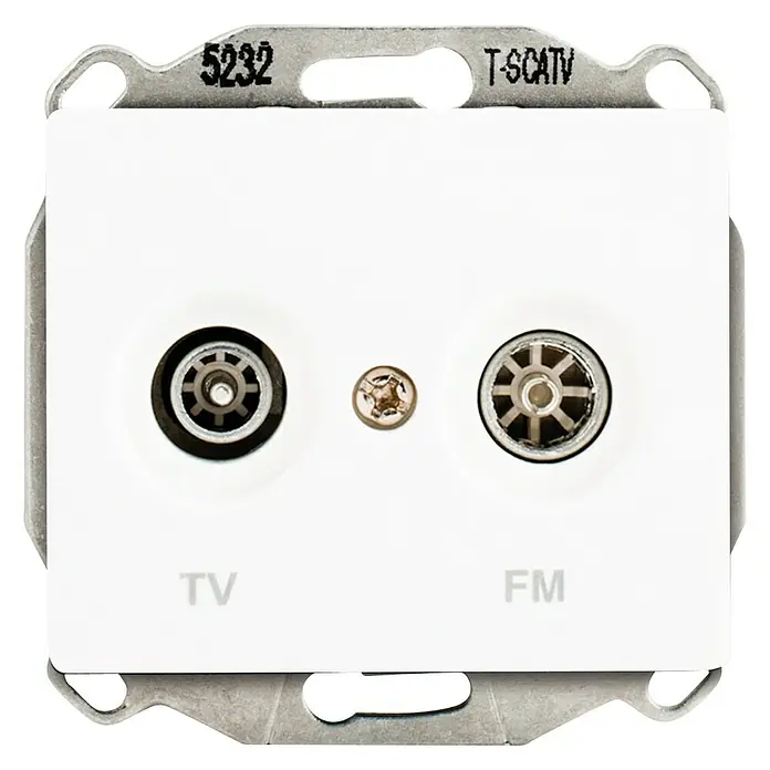 Siemens Delta Iris Toma TV - Blanco, Mate, Aluminio, Montaje enrasado - Un enchufe de antena de TV y FM blanco con dos puertos y carcasa metálica para montaje en pared, ideal para instalaciones de cine en casa y audio.