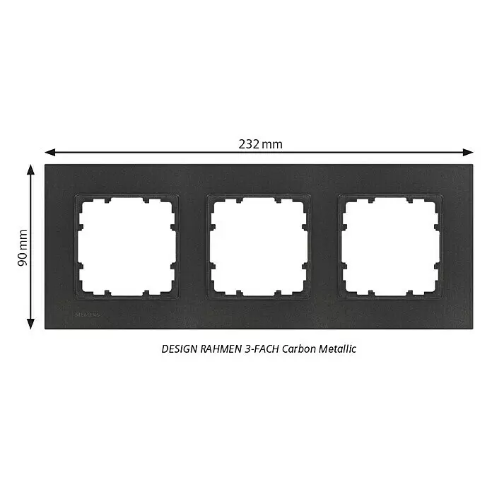 Siemens DELTA Mega Abdeckrahmen Design - Carbon Metallic, 3-fach, Kunststoff - Siemens 3-fach Schalterrahmen in Carbon Metallic dunkelgrau, 232x90 mm.