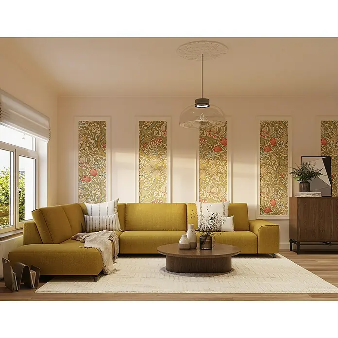 Nmc Decoflair Zierprofil Deckenleiste D21 - 2 Stk., 2 m x 30 mm x 30 mm, Extrudiertes Polystyrol (XPS) - Wohnzimmer mit gelbem Ecksofa, Holztisch und floralem Wandmuster. Elegante Einrichtung mit moderner Beleuchtung für ein gemütliches Ambiente.