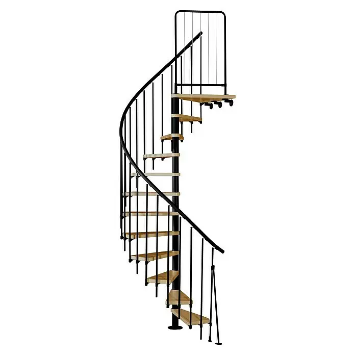 Atrium Spindeltreppe Novo - Farbton Metall: RAL 9005, Durchmesser: 160 cm, Buche, Geschosshöhe: 271,4 cm - 313,5 cm - Schwarze Metall-Wendeltreppe mit hellen Holzstufen.