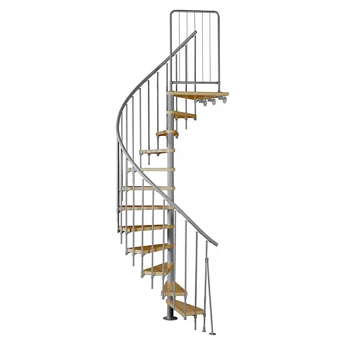 Atrium Spindeltreppe Novo - Farbton Metall: RAL 9006, Durchmesser: 140 cm, Buche, Geschosshöhe: 271,4 cm - 313,5 cm - Wendeltreppe mit grauem Metall und hellen Holzstufen.