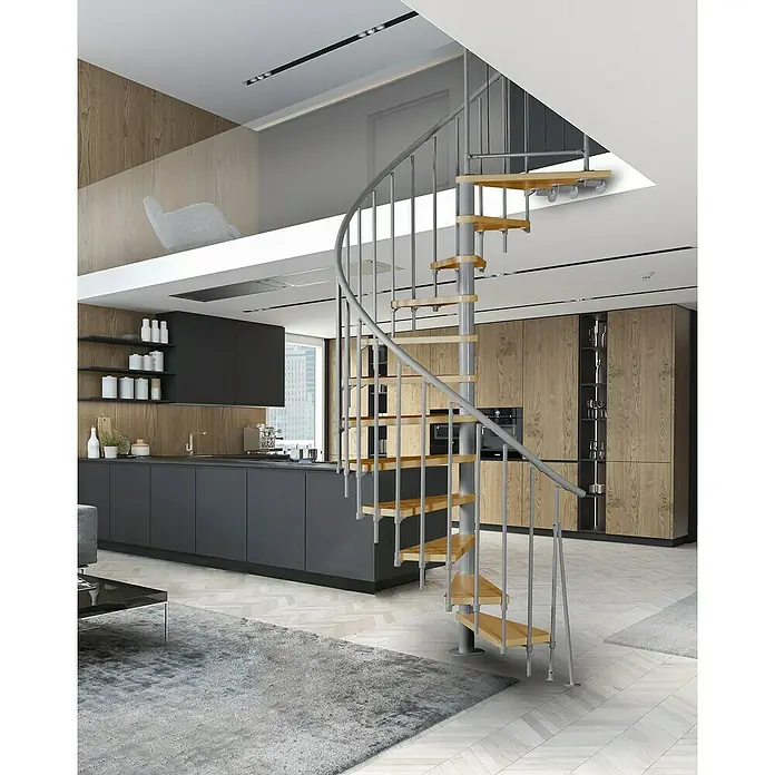 Atrium Spindeltreppe Novo - Farbton Metall: RAL 9006, Durchmesser: 140 cm, Buche, Geschosshöhe: 271,4 cm - 313,5 cm - Eine elegante Wendeltreppe aus Metall und Holz, die in einem modernen Interieur eine stilvolle Verbindung zwischen den Etagen schafft.