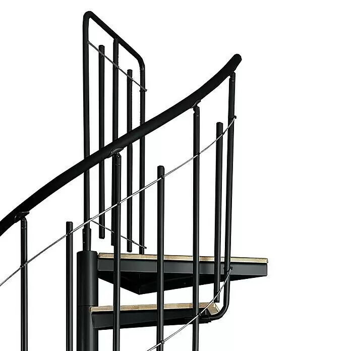 Atrium Spindeltreppe Solo Vertical - Farbton Metall: RAL 9005, Durchmesser: 120 cm, Stahl, Buche, Geschosshöhe: 264 cm - 286 cm - Schwarze Metall-Wendeltreppe mit hellen Holzstufen und schlanken Geländerstäben für kompakte Räume.