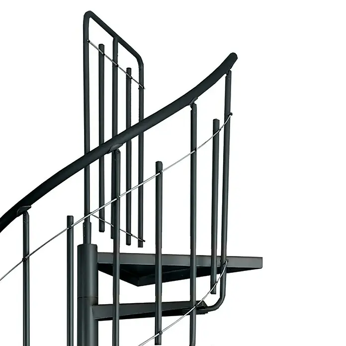Atrium Spindeltreppe Solo Vertical - Farbton Metall: RAL 9005, Durchmesser: 120 cm, Stahl, Geschosshöhe: 264 cm - 286 cm - Detailaufnahme einer eleganten, grauen Wendeltreppe, die sich spiralförmig nach oben windet und ein modernes Design aufweist.