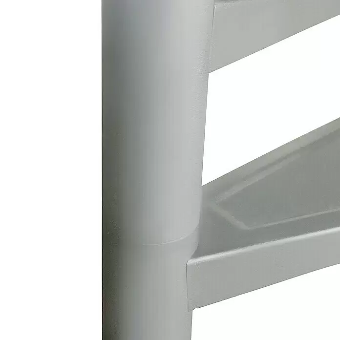Atrium Spindeltreppe Solo Vertical - Farbton Metall: RAL 9006, Durchmesser: 120 cm, Stahl, Geschosshöhe: 264 cm - 286 cm - Detail eines hellgrauen Metallregals: vertikaler Pfosten verbunden mit einem horizontalen Träger.