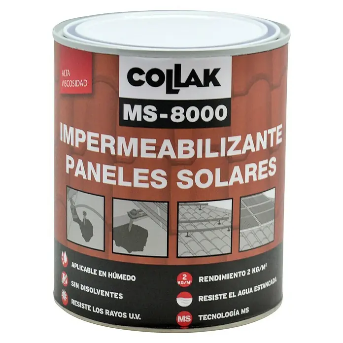Collak Impermeabilizante para paneles solares MS-8000 - 1 kg - Bote de impermeabilizante Collak MS-8000 para paneles solares. Alta viscosidad, aplicable en húmedo, sin disolventes y resistente a los rayos UV.