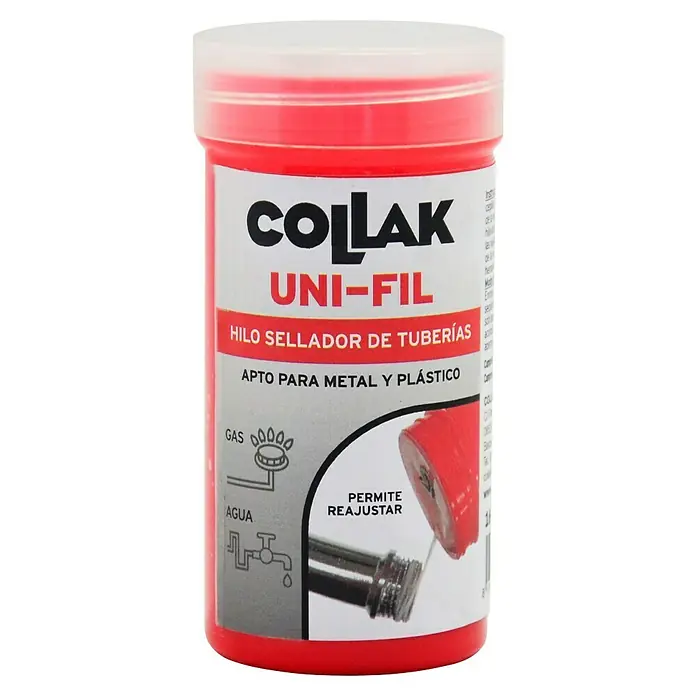 Collak Hilo sellador para rosca Uni-Fil - 160 m - Imagen de una lata de hilo sellador Collak Uni-Fil, apto para metal y plástico, utilizado para sellar tuberías de gas y agua.