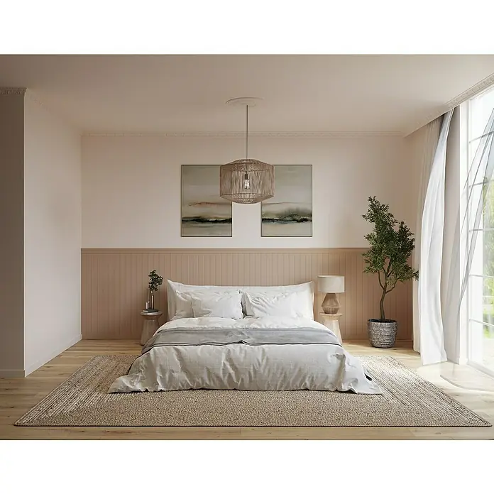 Nmc Decoflair Zierprofil Wandleiste CO3 - 2 m x 22 mm x 75 mm, Hochverdichtetes extrudiertes Polymer (HDPS) - Einladendes Schlafzimmer mit einem bequemen Doppelbett, weicher Bettwäsche und einem stilvollen Teppich für eine entspannte Atmosphäre.
