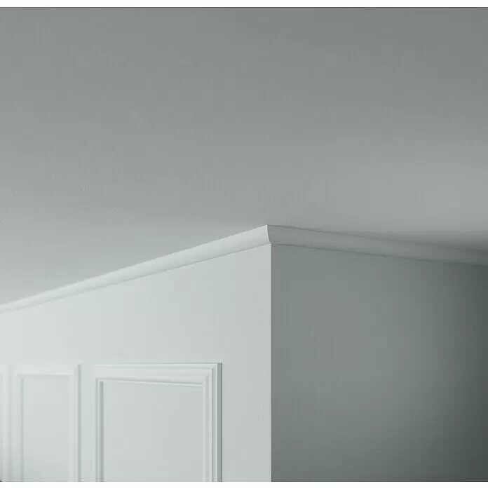Nmc Decoflair Zierprofil Deckenleiste D1 - 1,5 m x 21 mm x 21 mm, Extrudiertes Polystyrol (XPS) - Weiße Deckenleiste an einer Zimmerecke.