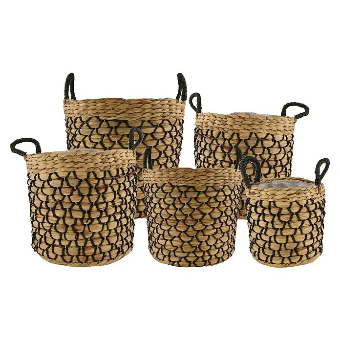 Korb Wasserhyazinthe - 1 Stk., Ø x H: 38 x 38 cm, Natur/Schwarz - Eine Sammlung von geflochtenen Körben mit Griffen, ideal für die Aufbewahrung oder als dekorative Pflanzgefäße.
