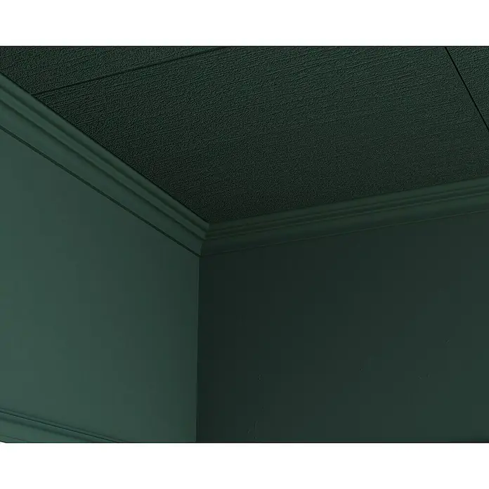 Nmc Decoflair Zierprofil Deckenleiste D13 - 2 Stk., 2 m x 42 mm x 49 mm, Extrudiertes Polystyrol (XPS) - Detailaufnahme einer dunkelgrünen Zimmerdecke mit Stuckelementen und einer strukturierten Oberfläche, die dem Raum Eleganz verleiht.