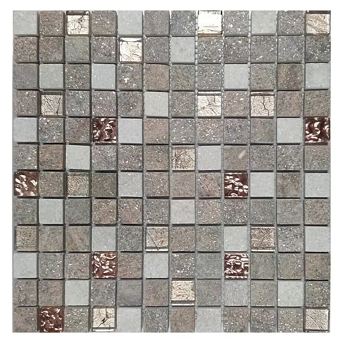 Malla mosaico Urales - 30 x 30 cm, Rosa - Primer plano de una lámina de mosaico con azulejos cuadrados en tonos beige, gris y bronce.