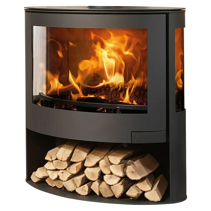 Panadero Estufa de leña Iris - 7,8 kW, Volumen de calefacción: 240 m³, Negro - Una estufa de leña moderna con frente de vidrio y un fuego vivo en el interior, con un compartimento para guardar leña debajo.
