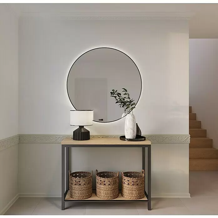 Nmc Decoflair Zierprofil Wandleiste F19 - 2 m x 14 mm x 125 mm, Hochverdichteter Polyurethanschaum (PU) - Moderne Flurkonsole mit heller Holzplatte und dunklem Metallgestell, mit Deko und Körben.