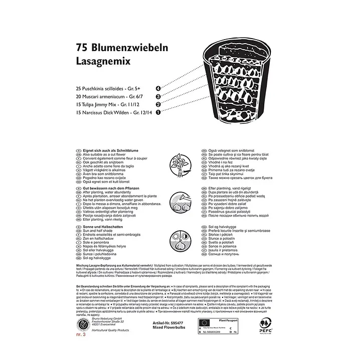 Blumenzwiebeln Lasagne-Mix - Verschiedenen Arten und Sorten, 75 Stk. - Etikett für 75 Blumenzwiebeln 'Lasagnemix' mit Schichtpflanzschema und Details.