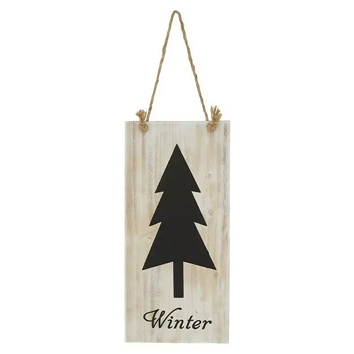 Wandobjekt Holzschild - 18 x 38 cm, Winter - Weiß lasiertes Holzschild mit schwarzem Weihnachtsbaum-Scherenschnitt und „Winter“-Schriftzug, mit rustikaler Kordel zum Aufhängen.