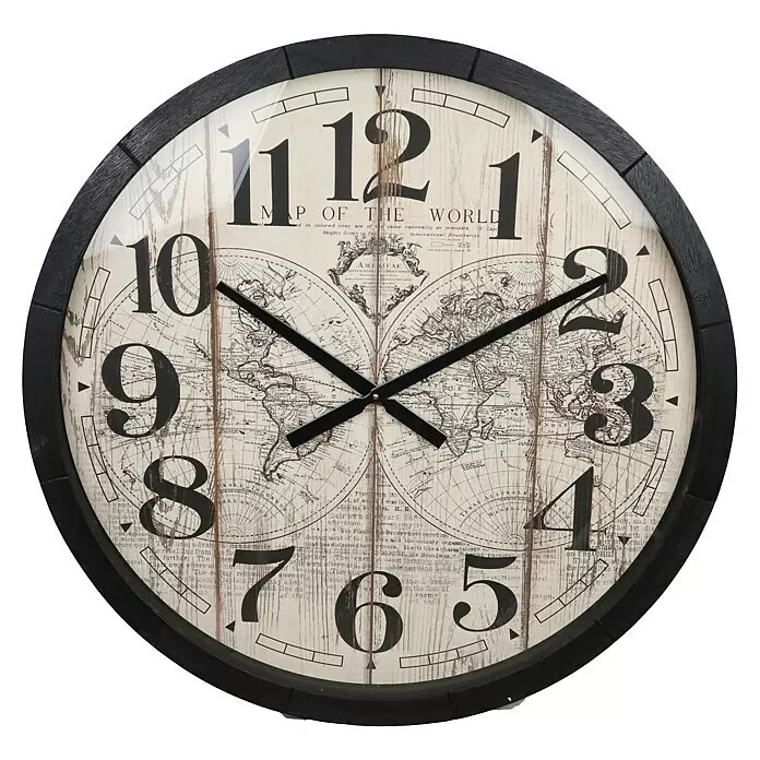 Wanduhr Maps of the World - Durchmesser: 76 cm, Schwarz/Braun - Große runde Wanduhr mit schwarzem Rahmen, antikisiertem weißem Holzgesicht, Weltkarte und schwarzen Ziffern/Zeigern.