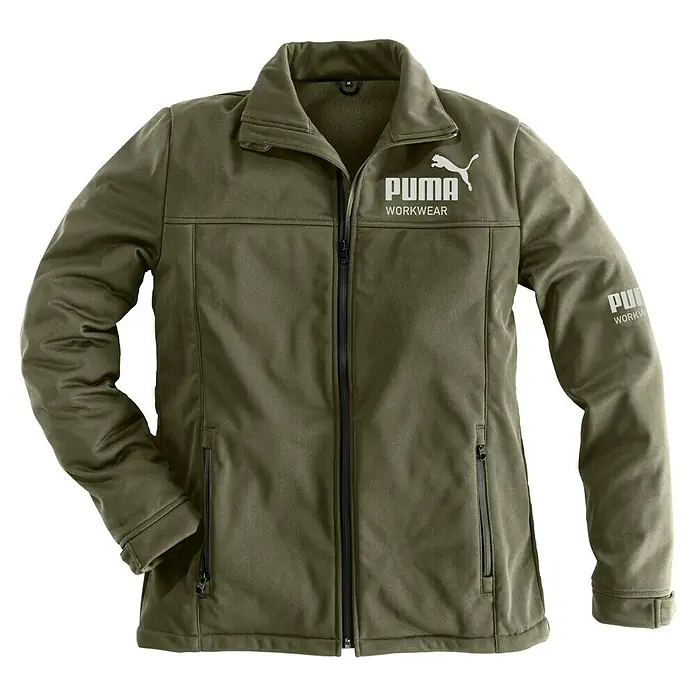 Puma Workwear Softshell-Jacke Champ - Olive/Carbon, M - Olivefarbene Puma Workwear Jacke mit Reißverschluss und Logo.
