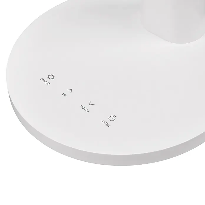 Reality Leuchten LED-Tischleuchte rund Sally - 8 W, Weiß, Neutralweiß - Nahaufnahme einer weißen LED-Tischleuchte mit Touch-Bedienelementen für Helligkeit und Timer-Funktion. Modernes Design für den Schreibtisch.