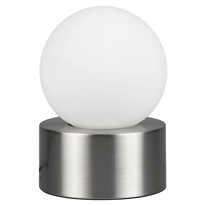 Reality Leuchten Tischleuchte rund Countess - Ø x H: 12 x 17 cm, 25 W, Nickel matt, Weiß, E14 - Nahaufnahme einer Tischleuchte mit kugelförmigem Lampenschirm aus Opalglas auf einem zylindrischen Metallsockel.
