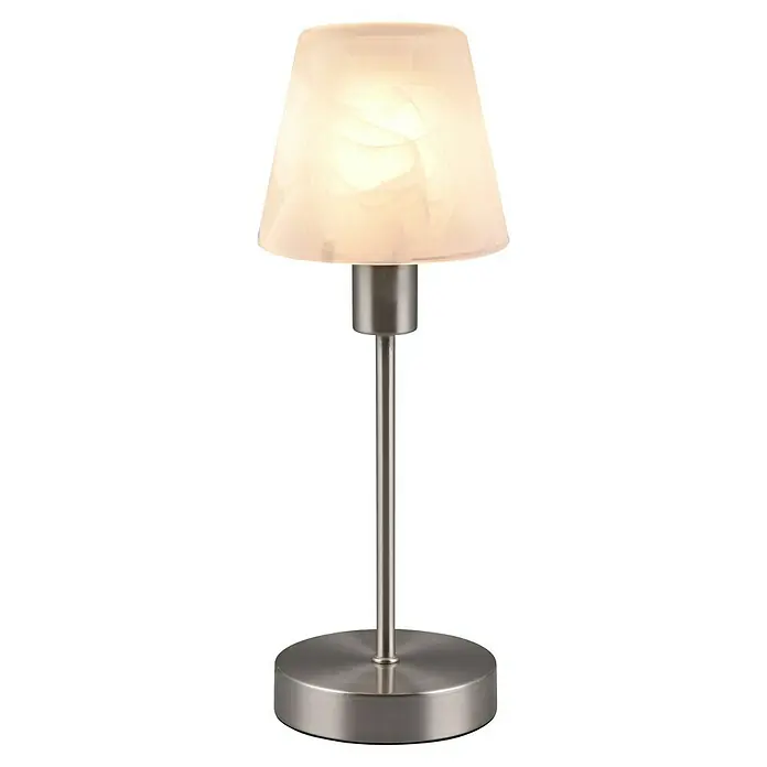 Trio Leuchten Tischleuchte Luis II - 40 W, Nickel-matt, E14 - Eine elegante Tischleuchte mit einem hellen, leicht durchscheinenden Lampenschirm und einem schlanken, silberfarbenen Metallsockel.